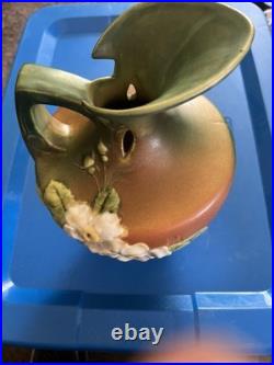 Roseville White Rose Brown Green 1940 Vintage Art Pottery Ceramic Ewer 990-10
