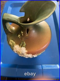 Roseville White Rose Brown Green 1940 Vintage Art Pottery Ceramic Ewer 990-10