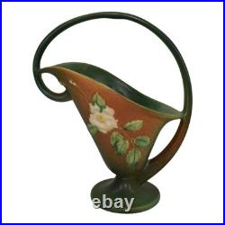 Roseville White Rose Green 1940 Vintage Art Pottery Ceramic Basket 364-12