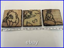 Set Of 3 Mitch Yung Signed Nude Woman Ceramic Pottery Art Tiles 6.25 X 6.25