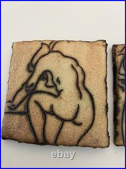 Set Of 3 Mitch Yung Signed Nude Woman Ceramic Pottery Art Tiles 6.25 X 6.25