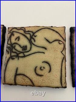 Set Of 3 Mitch Yung Signed Nude Woman Ceramic Pottery Art Tiles 6.25 X 6.25