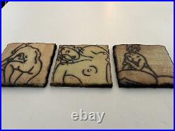 Set Of 3 Mitch Yung Signed Nude Woman Ceramic Pottery Art Tiles 6.25 X 6.25