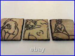 Set Of 3 Mitch Yung Signed Nude Woman Ceramic Pottery Art Tiles 6.25 X 6.25