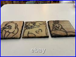 Set Of 3 Mitch Yung Signed Nude Woman Ceramic Pottery Art Tiles 6.25 X 6.25