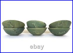 Set of 6 Green Lizard Salamander Gecko Art Pottery Ceramic Bowls