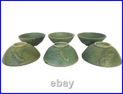 Set of 6 Green Lizard Salamander Gecko Art Pottery Ceramic Bowls