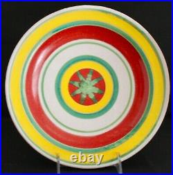 Set of 8 DESIMONE Hand Painted Folk Art Pottery10 Plates Yellow Red Green Bands