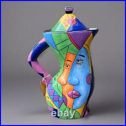 Signed Carmi Art Pottery Ceramic Pitcher Colorful Cubism Picasso Style Prototype