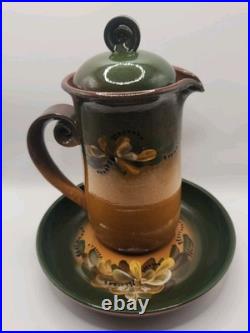 Signed Studio Art Pottery Coffee Pot w Lid & Underplate 8.5 Hand Painted