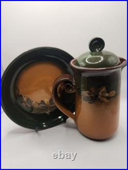 Signed Studio Art Pottery Coffee Pot w Lid & Underplate 8.5 Hand Painted