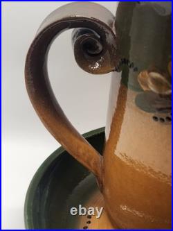 Signed Studio Art Pottery Coffee Pot w Lid & Underplate 8.5 Hand Painted