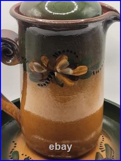 Signed Studio Art Pottery Coffee Pot w Lid & Underplate 8.5 Hand Painted