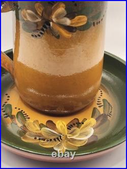 Signed Studio Art Pottery Coffee Pot w Lid & Underplate 8.5 Hand Painted