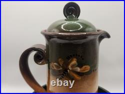 Signed Studio Art Pottery Coffee Pot w Lid & Underplate 8.5 Hand Painted