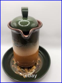 Signed Studio Art Pottery Coffee Pot w Lid & Underplate 8.5 Hand Painted