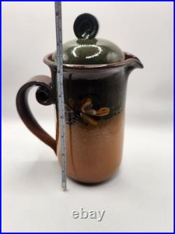 Signed Studio Art Pottery Coffee Pot w Lid & Underplate 8.5 Hand Painted