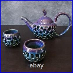 Signed Studio Art Pottery Teapot Cup Blue Purple Glaze Ceramic Tea Set