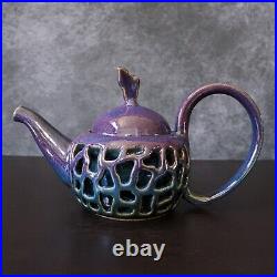 Signed Studio Art Pottery Teapot Cup Blue Purple Glaze Ceramic Tea Set