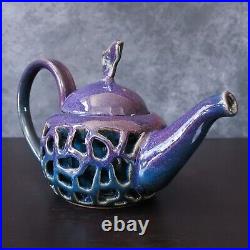 Signed Studio Art Pottery Teapot Cup Blue Purple Glaze Ceramic Tea Set