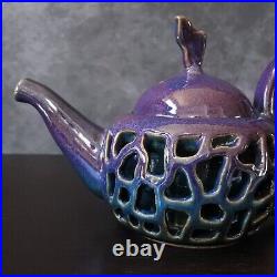 Signed Studio Art Pottery Teapot Cup Blue Purple Glaze Ceramic Tea Set