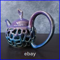 Signed Studio Art Pottery Teapot Cup Blue Purple Glaze Ceramic Tea Set