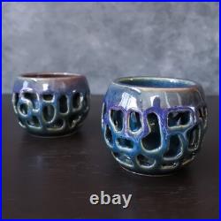Signed Studio Art Pottery Teapot Cup Blue Purple Glaze Ceramic Tea Set
