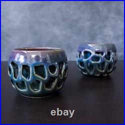 Signed Studio Art Pottery Teapot Cup Blue Purple Glaze Ceramic Tea Set