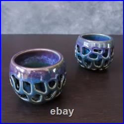 Signed Studio Art Pottery Teapot Cup Blue Purple Glaze Ceramic Tea Set