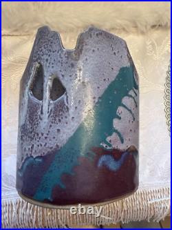 Signed Vintage Ceramic Pottery Decor Vase withscalloped and impressive artwork