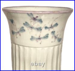 Signed Vintage Dragonfly Hand Painted Studio Art Pottery Fluted Ceramic Vase