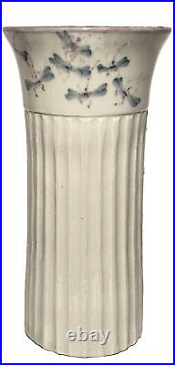 Signed Vintage Dragonfly Hand Painted Studio Art Pottery Fluted Ceramic Vase