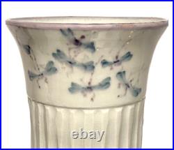 Signed Vintage Dragonfly Hand Painted Studio Art Pottery Fluted Ceramic Vase