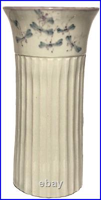 Signed Vintage Dragonfly Hand Painted Studio Art Pottery Fluted Ceramic Vase