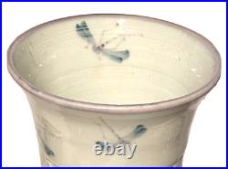 Signed Vintage Dragonfly Hand Painted Studio Art Pottery Fluted Ceramic Vase