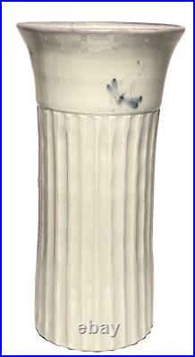 Signed Vintage Dragonfly Hand Painted Studio Art Pottery Fluted Ceramic Vase
