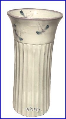 Signed Vintage Dragonfly Hand Painted Studio Art Pottery Fluted Ceramic Vase