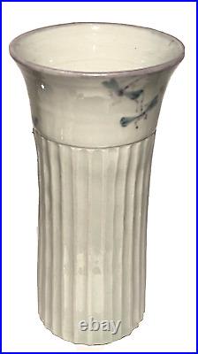 Signed Vintage Dragonfly Hand Painted Studio Art Pottery Fluted Ceramic Vase