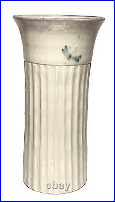 Signed Vintage Dragonfly Hand Painted Studio Art Pottery Fluted Ceramic Vase