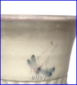 Signed Vintage Dragonfly Hand Painted Studio Art Pottery Fluted Ceramic Vase