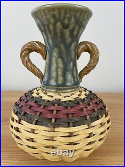 Stephen Kostyshyn Basket Vase Art Pottery & Hand Woven Green Ceramic Signed 7