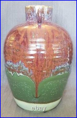 Studio Art Ceramic Pottery Handled Vase Brown Drip Blue Red Celadon Green Glaze