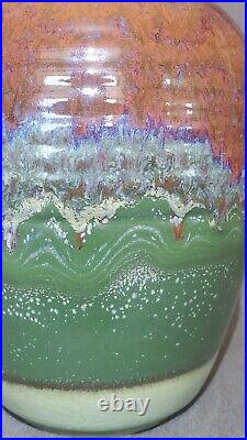 Studio Art Ceramic Pottery Handled Vase Brown Drip Blue Red Celadon Green Glaze