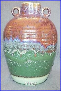 Studio Art Ceramic Pottery Handled Vase Brown Drip Blue Red Celadon Green Glaze