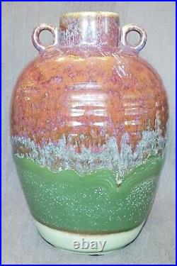 Studio Art Ceramic Pottery Handled Vase Brown Drip Blue Red Celadon Green Glaze