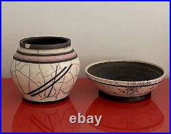 Studio Art Pottery 80s Postmodern Signed SKIP Abstract Raku Ceramic Vessel Bowl