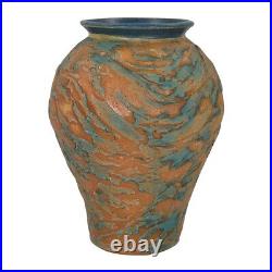 Studio Art Pottery Blue And Orange Hand Built Textured Ceramic Vase (Signed)