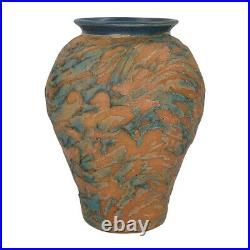 Studio Art Pottery Blue And Orange Hand Built Textured Ceramic Vase (Signed)