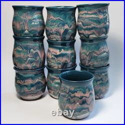 Studio Art Pottery Ceramic Decanter And Cups Ripple Glaze Set of 11 Signed