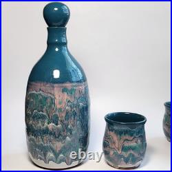 Studio Art Pottery Ceramic Decanter And Cups Ripple Glaze Set of 11 Signed